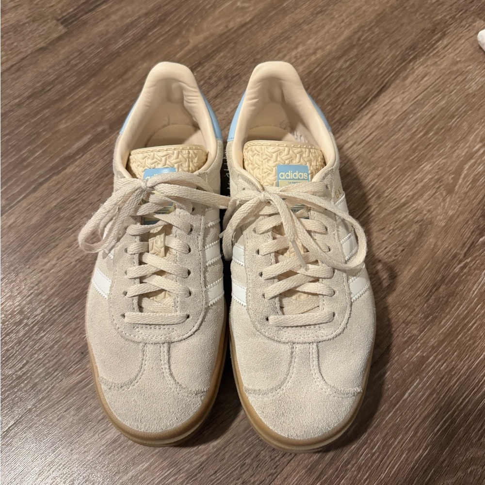 Cream and light blue adidas gazelle